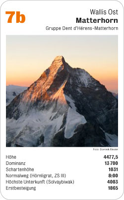 Gipfelquartett, Volume 2, Karte 7b, Wallis Ost, Matterhorn, Gruppe Dent d'Hérens-Matterhorn, Foto: Dominik Binder. Gipfelquartett, Volume 2, Karte 7b, Wallis Ost, Matterhorn, Gruppe Dent d'Hérens-Matterhorn, Foto: Dominik Binder.