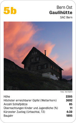 Hüttenquartett, Volume 3, Karte 5b, Bern Ost, Gaulihütte, SAC Bern, Foto: Toni Kehrli. Hüttenquartett, Volume 3, Karte 5b, Bern Ost, Gaulihütte, SAC Bern, Foto: Toni Kehrli.